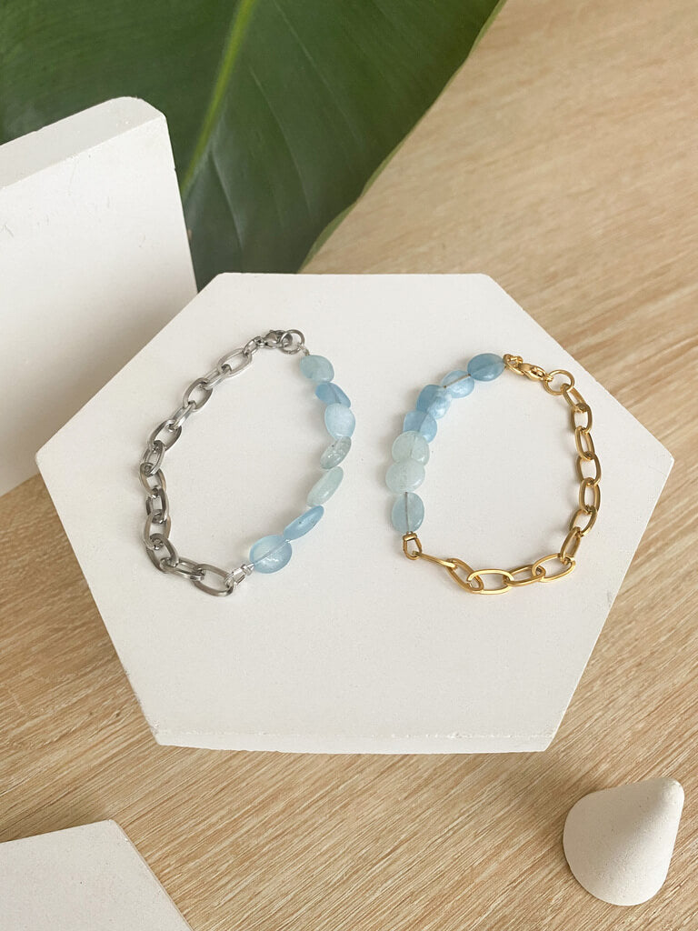 bracelet en pierre naturelle aigue marine bleu et acier inoxydable idee cadeau femme